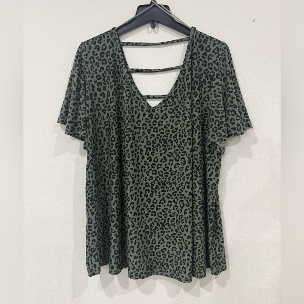 nine britton Olive Green Leopard Print V-Neck Strappy Back Top